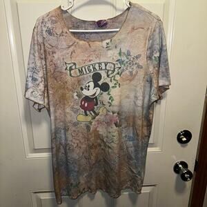 Vtg Disney Top Womens Plus Size 2x Floral Mickey Mouse Short